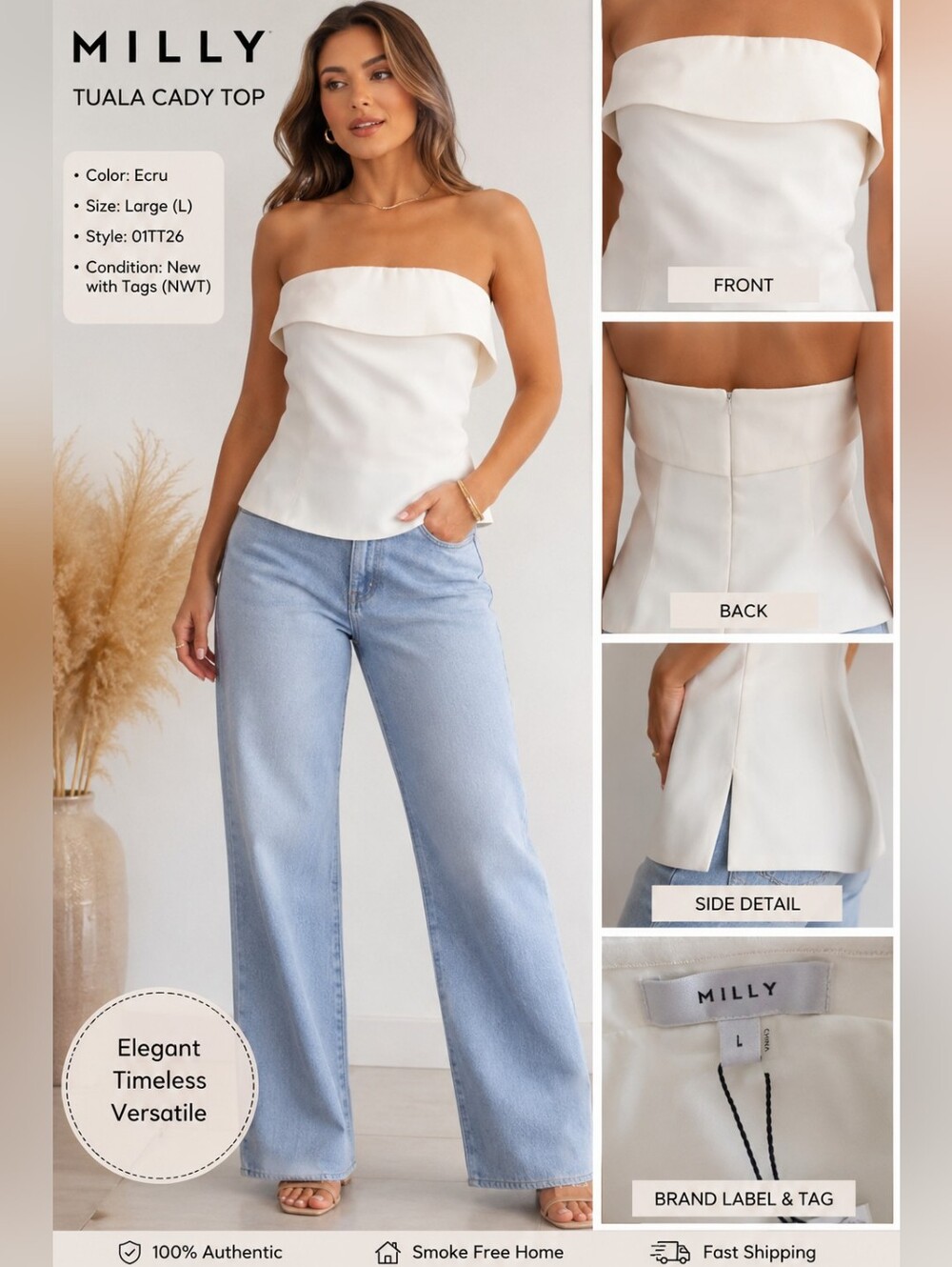 Milly Tuala Cady Strapless Top – Ecru – Size Large (L) – NWT